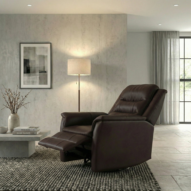 Madras Brown Top Grain Leather Swivel Glider Recliner With Manual Footrest, Brown Top Grain Leather