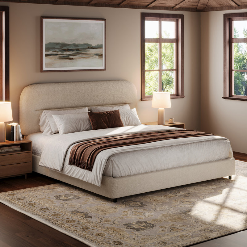 Bensu Platform Bed Frame, Cloud Collection with Boucle Upholstery & Rounded Headboard, Thickened Footboard, Queen, Cream