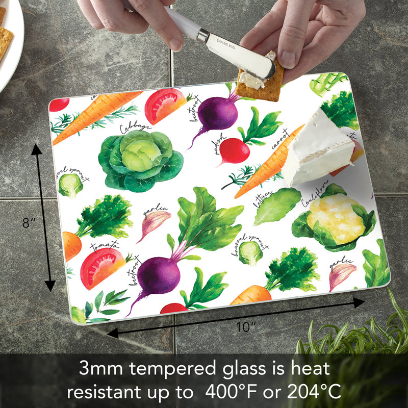 Colorful Veggies Tempered Glass Rectangular Cutting Board, 10" x 8"