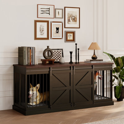 Meuble cage pour chien - Meubles d'intérieur pour chenil en bois avec paravent et portes de grange coulissantes doubles - 71 po x 23,6 po x 32 po, noir