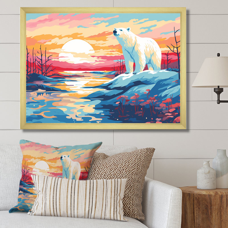 «Sunrise Bear», art mural, H 30 po x l 40 po x P 1,5 po, Cadre de coin blanc fermé