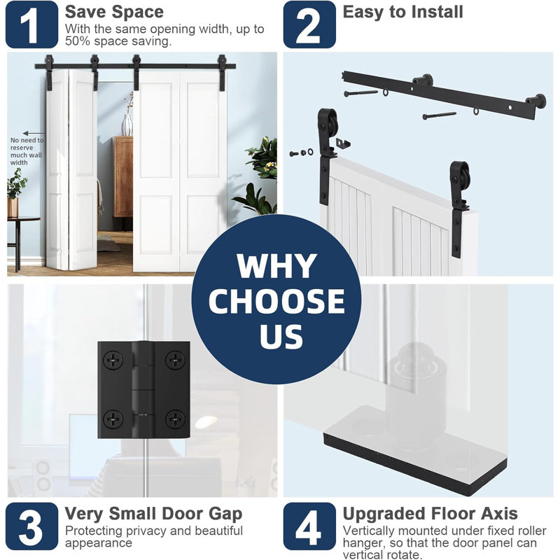 36"/52"/72" Bi-Folding Sliding Barn Door Hardware Kit for 2/4 Doors, Heavy Duty Bi Fold Barn Door Hardware Track Kit, 182.8cm
