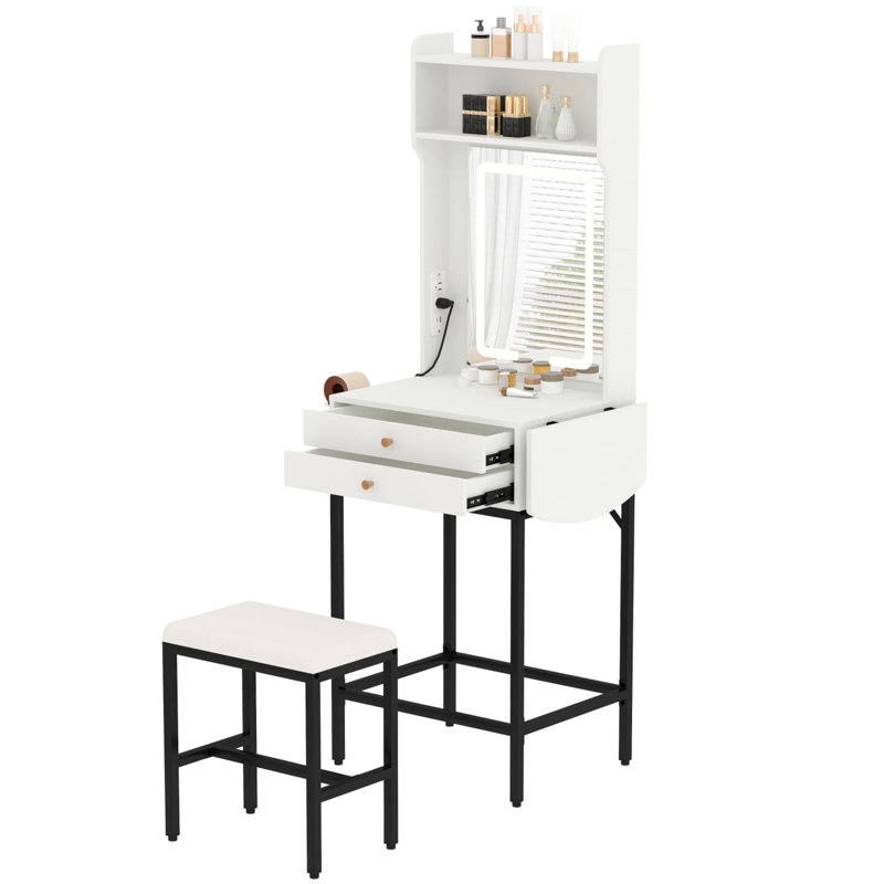 Petit ensemble de coiffeuse de maquillage avec miroir, mini coiffeuse de maquillage avec éclairage réglable, 2 tiroirs, porte-séchoir à cheveux, panneau pliable, coiffeuse compacte pour petites chambres à coucher, appartements, petits espaces