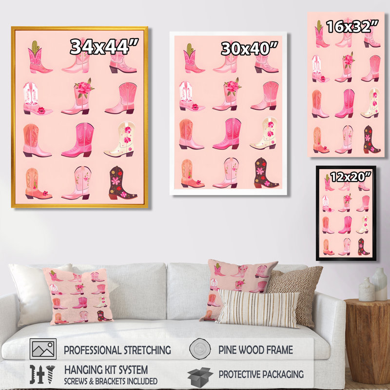 Rose, bottes de cowboy assorties - Cowgirls, art mural, Toile avec cadre flottant noir, H 40 po x l 30 po x P 1,5 po