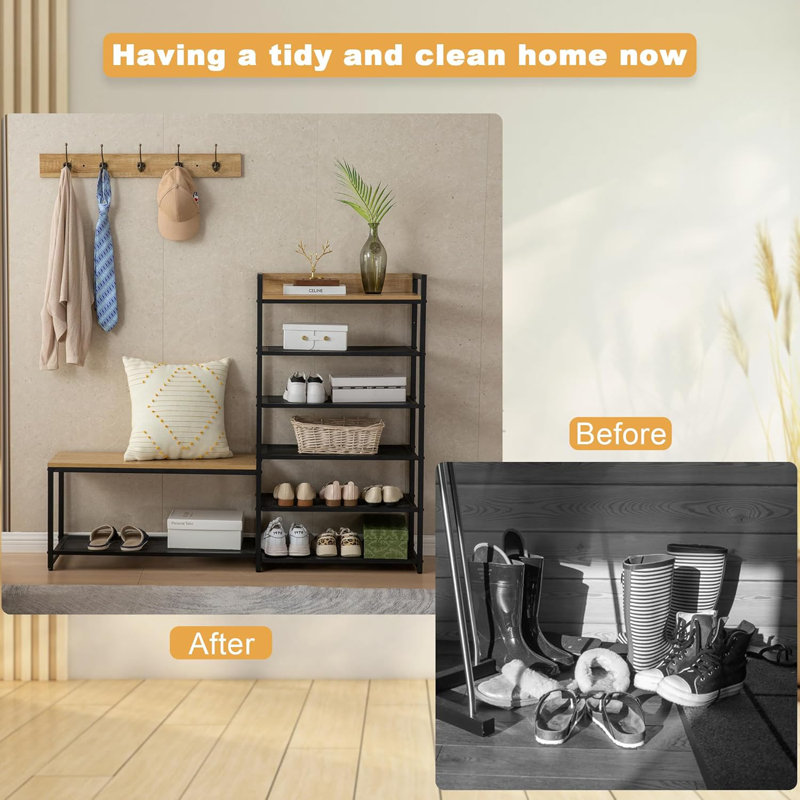 6-Tier Coat Rack Shoe Bench Set, Entryway Bench with 6 Hooks Coat Rack