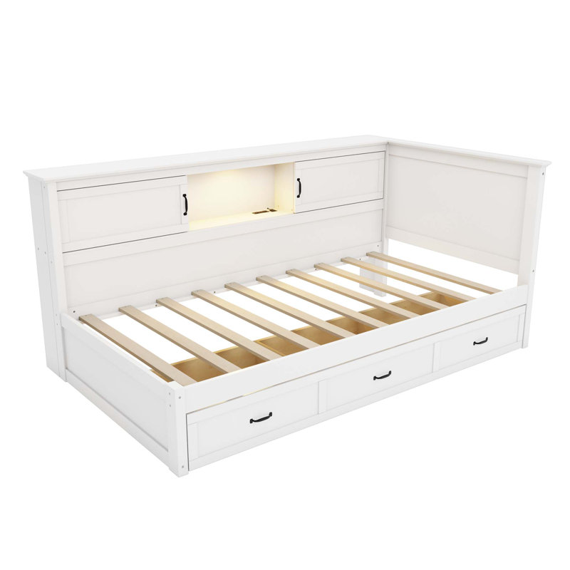 L-Shaped Bed Frame With Drawer And And Bookcase,Corner Bed Wooden Captain Bed With Led Downlight And USB Port, Twin