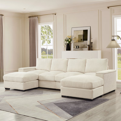 Canapé modulaire à assise profonde avec repose-pieds et canapé-lit en velours côtelé