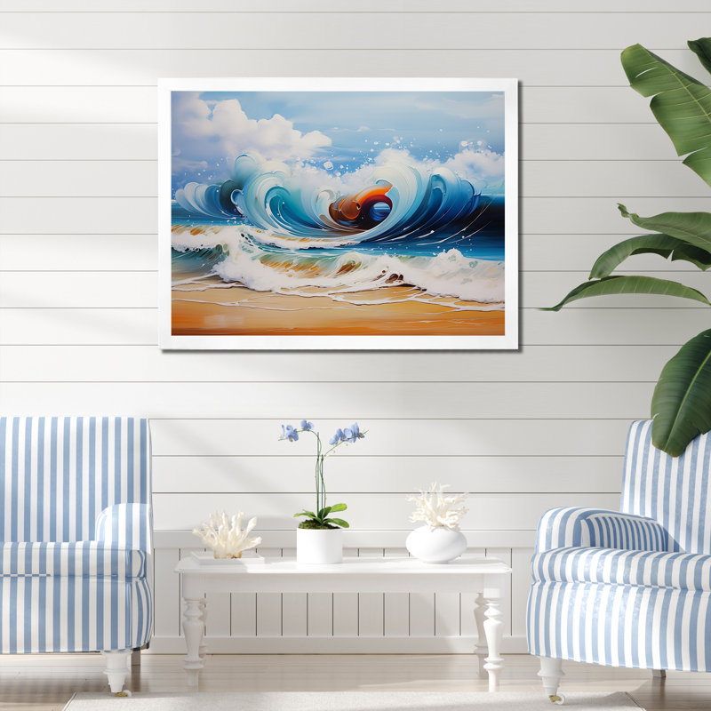«Vibrant Beach Waves 1» - art mural vagues côtières, H 30 po x l 40 po x P 1,5 po, Cadre de coin blanc fermé