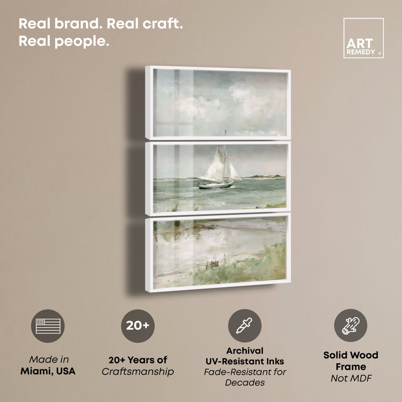 «Pale Sails II Shadowbox Print» par Art Remedy, ensemble de 3, H 63 po x l 41 po, Cadre blanc