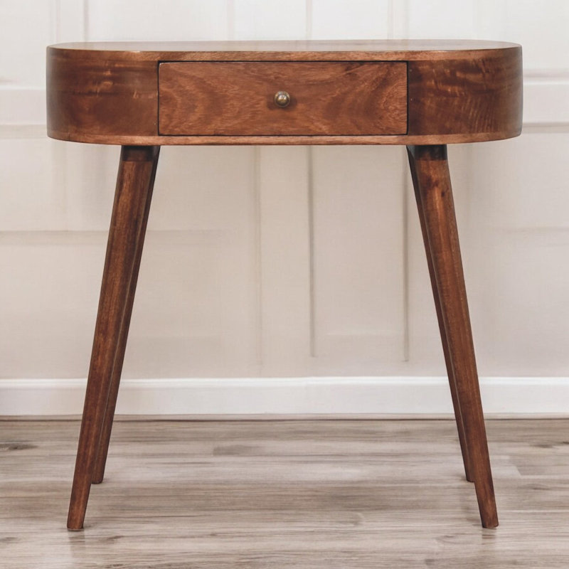 California Walnut Rounded Small Console Table with Storage Drawer