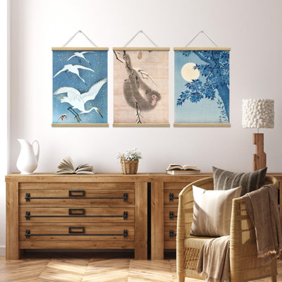 «Traditional Asian Crane and Singe», affiche murale encadrée en bois