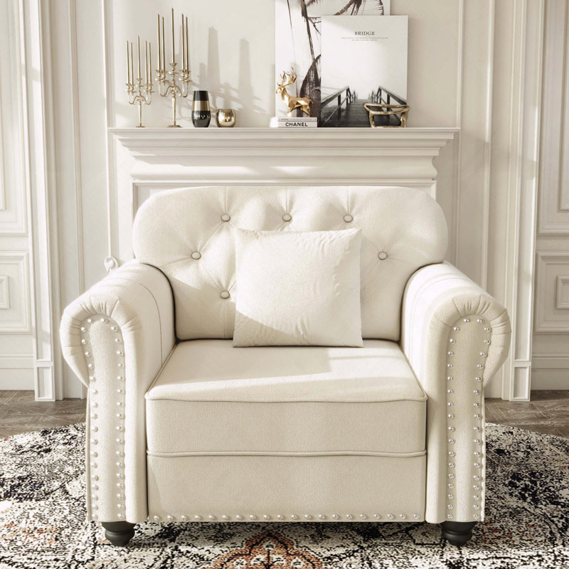 Velours Chesterfield canapé garniture cloutée capitonnée, Beige / Blanc