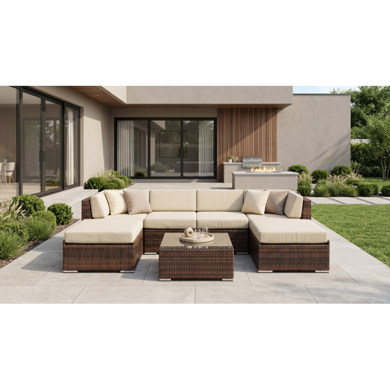 Billyjo Wicker 4 - Person Seating Group with Cushions - No Assembly, Supercrylic Beige, Mixed Brown