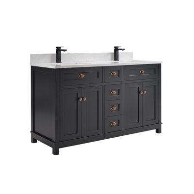 60" Solid Wood Bathroom Vanity with Engineered Stone Top, Double Sink
