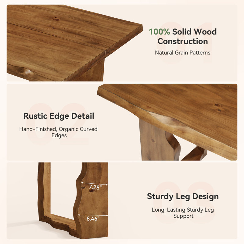63" Rustic Solid Wood Executive Desk With Unique Wave-Leg Design, Farmhouse Office Desk For Home, Light Walnut