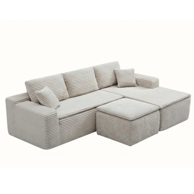 106.5" L-Shaped Corduroy Upholstered 3-Seat Lounge Sofa with Seat Cushion&Ottoman, Right Hand Facing