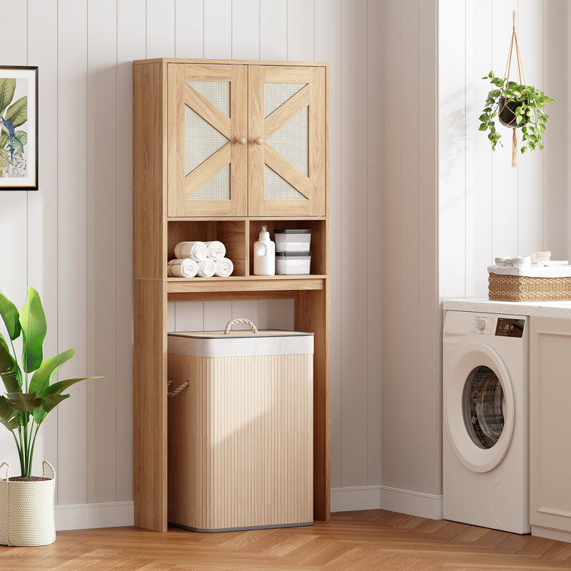 Armoire de rangement au-dessus de la toilette avec portes en rotin, tablette réglable et ensemble anti-basculement, organisateur de salle de bain de ferme pour salle de bain