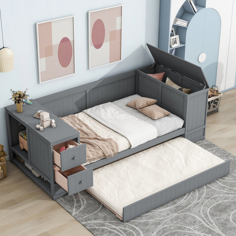 Twin Size Daybed With Storage Arms, Trundle And Charging Station, Guest Bed, Gray