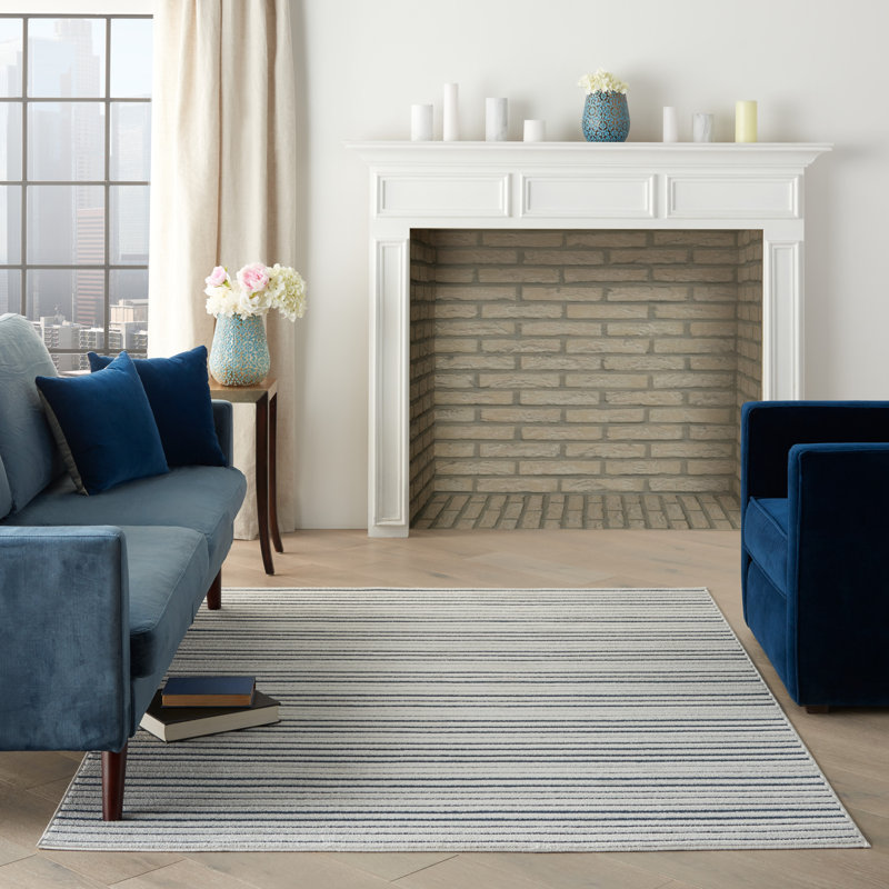 Tapis rayé bleu / blanc Steelman, Rectangle 4 pi x 6 pi
