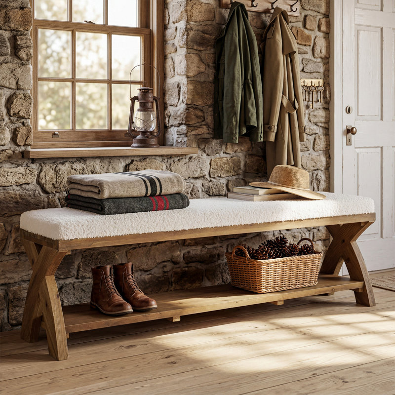 Banc à chaussures rembourré en bois massif avec tablette de rangement