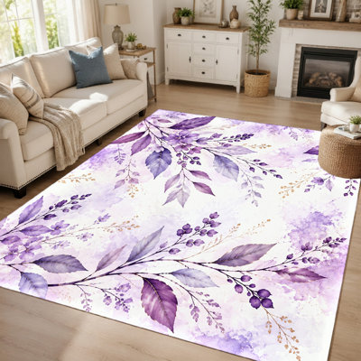 Tapis de sol artistique à motif floral aquarelle (1 pièce) - Doux au toucher, design botanique violet éclatant, lavable, idéal pour le salon, la chambre à coucher, la chambre d'enfant et le bureau.