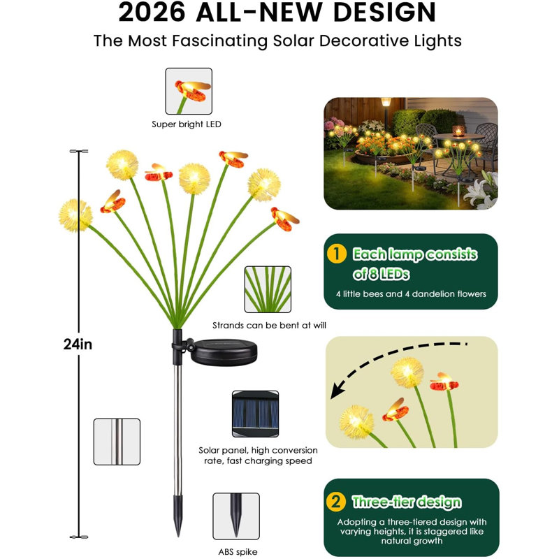 Ensemble de 6 lumières à DEL à 3 couches 2026 2026 - Conception pissenlit et abeille, 2 modes (fixe / scintillant), imperméable IP65 pour décoration de patio