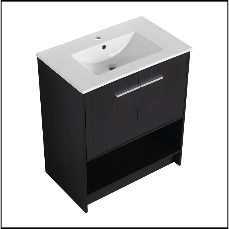 Meuble-lavabo 30 po avec lavabo en céramique, 2 portes à fermeture douce, meuble-lavabo autoportant, contreplaqué, Noir