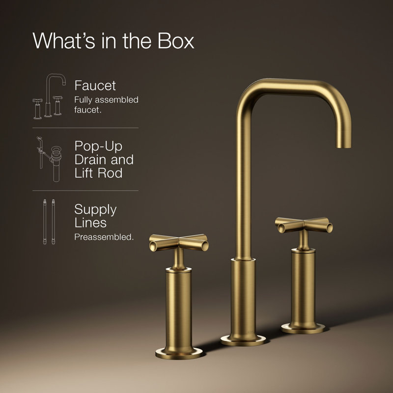 Purist Widespread Bathroom Sink Faucet with High Cross Handles and High Gooseneck Spout, Vibrant Brushed Moderne Brass