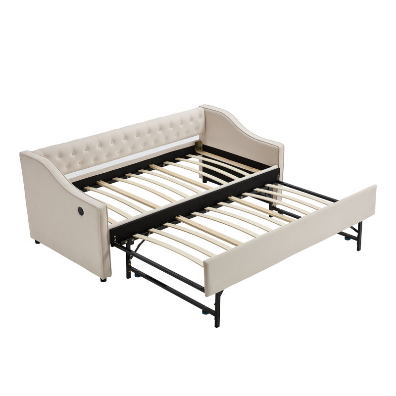 Lit de jour en velours avec couchette, port USB, poches latérales, Beige