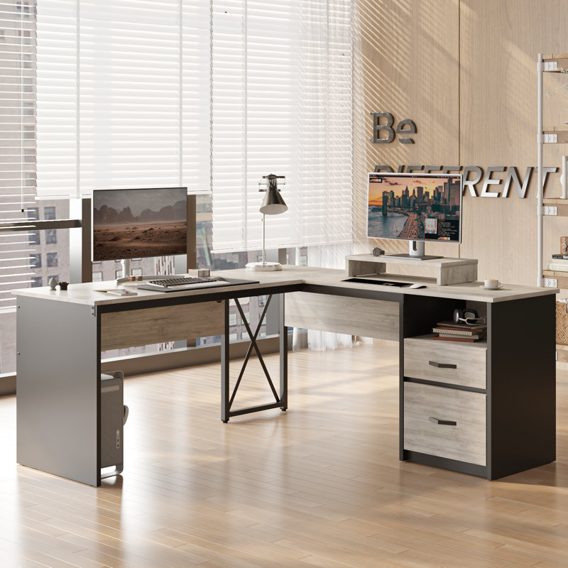 Nedyo 55.7" W L-Shaped Lift Top Standing Desk, Retro Gray/Oak Light