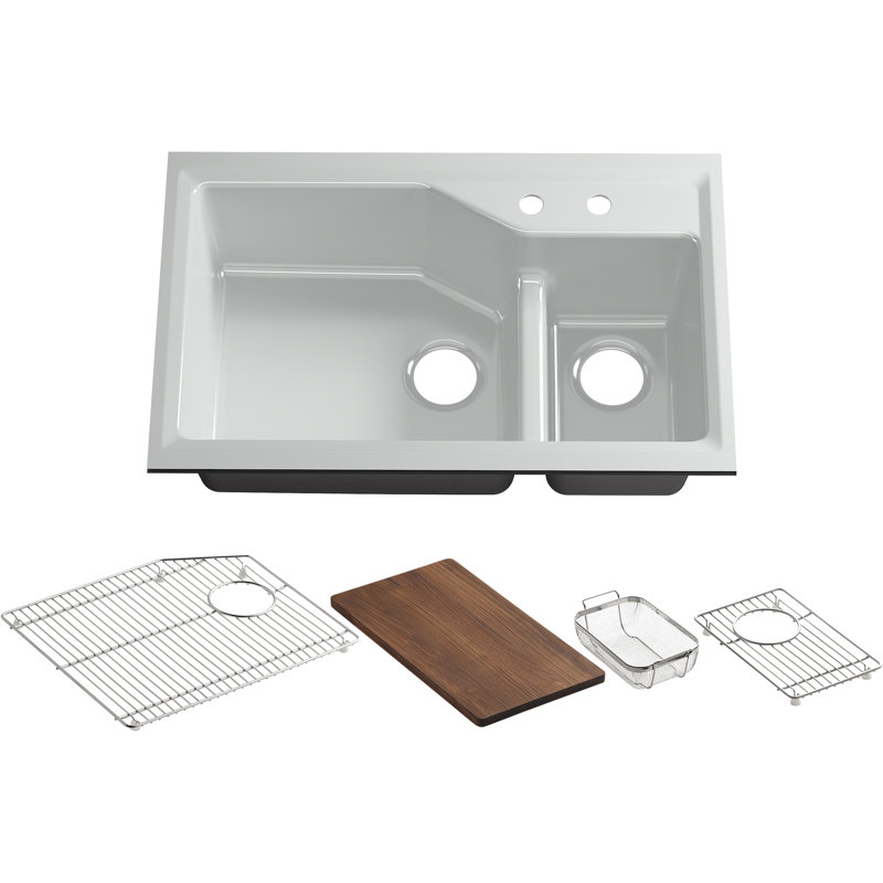 Indio® 33" L x 21.125" W Double Basin Undermount Kitchen Sink with Accessories, 2 hole, Ice Gray