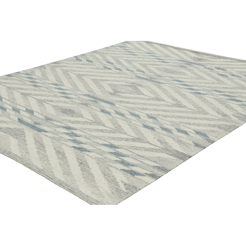 Rug & Kilim’S Scandinavian Rug In Gray And Blue Chevron Patterns, Rectangle 10' x 14'