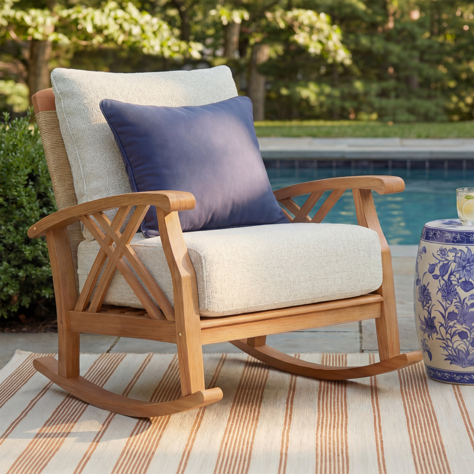 Cotesfield Teak Patio Rocking Chair, Tan Performance Basketweave