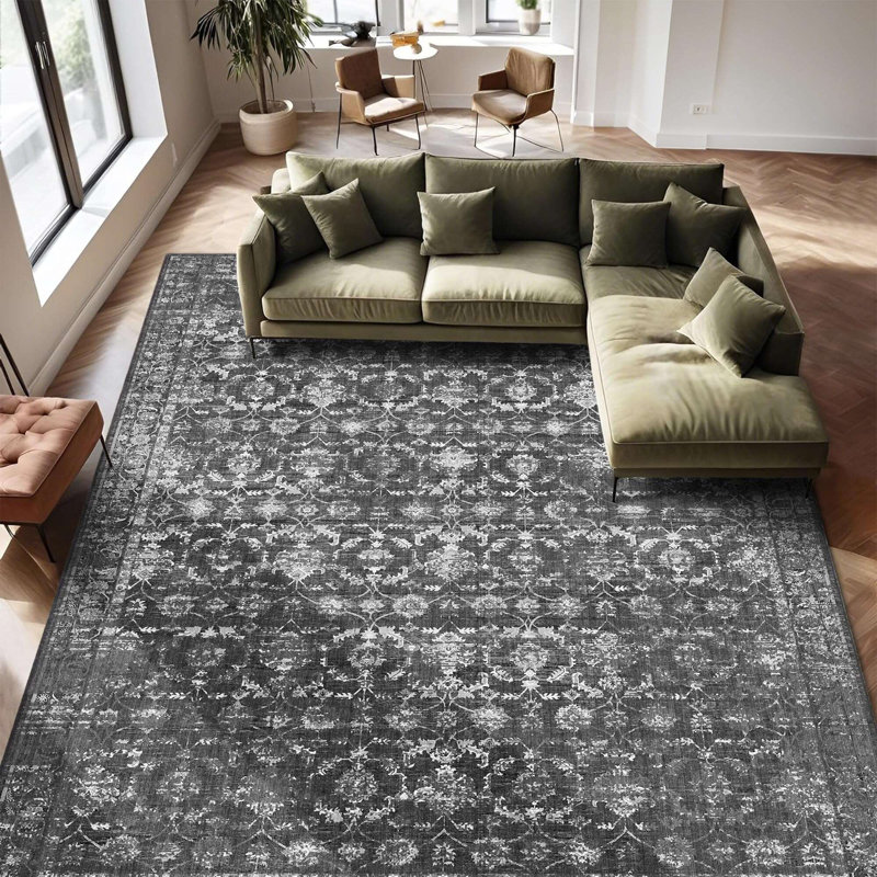 Vintage Boho Area Rug - Washable Non Slip Low Pile Rug, Rectangle 10' x 14', Black