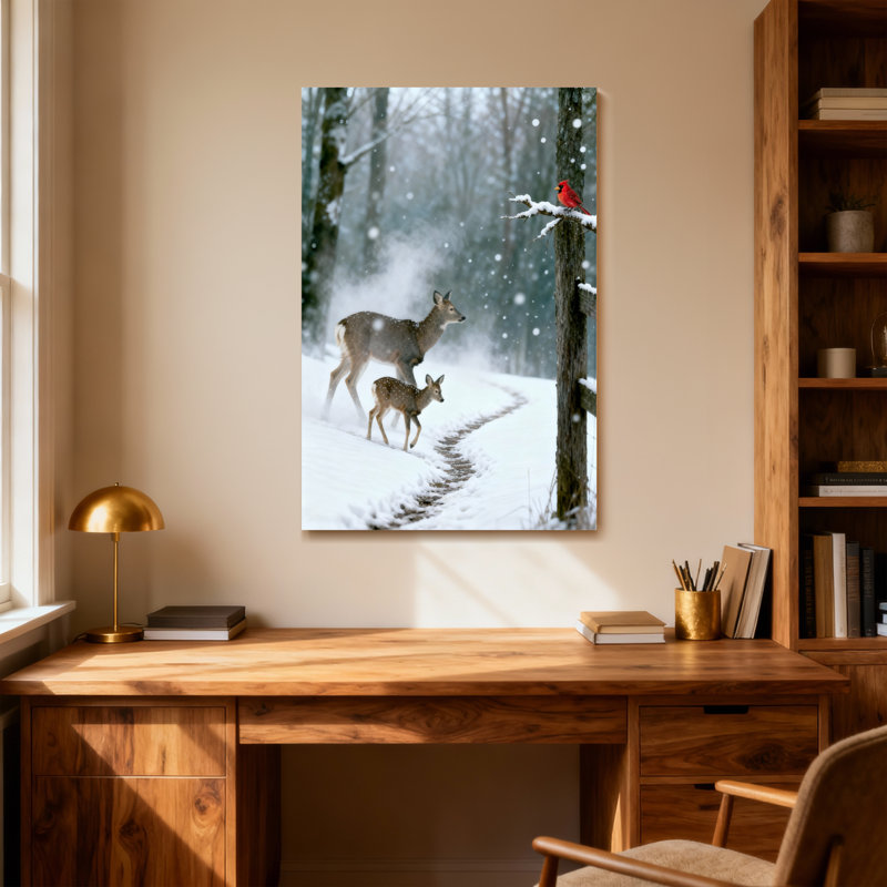 Animaux, hiver, cerf et cardinal, scène, H 30 po x l 20 po
