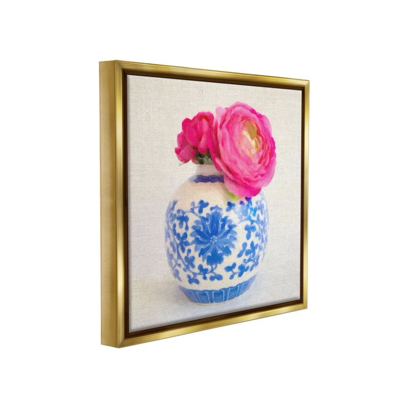 "Cadre fleuri et vase flottant rose" sur, H 25 po x l 25 po, Cadre flottant métallique doré