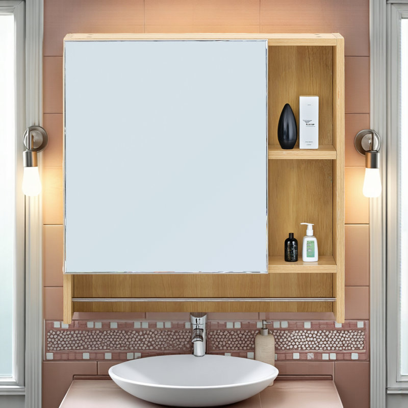 Armoire de toilette murale à miroir avec porte-serviettes, rangement dissimulé et ouvert, Naturel
