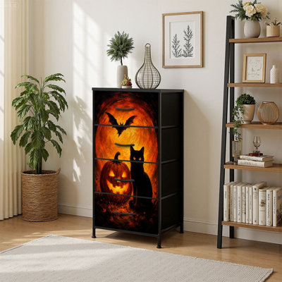 4 Drawer Vertical Storage Dresser Black Cat Glowing Orange Eyes Pumpkin Lantern Bat Halloween Night with Wood Top Fabric Pull Drawers