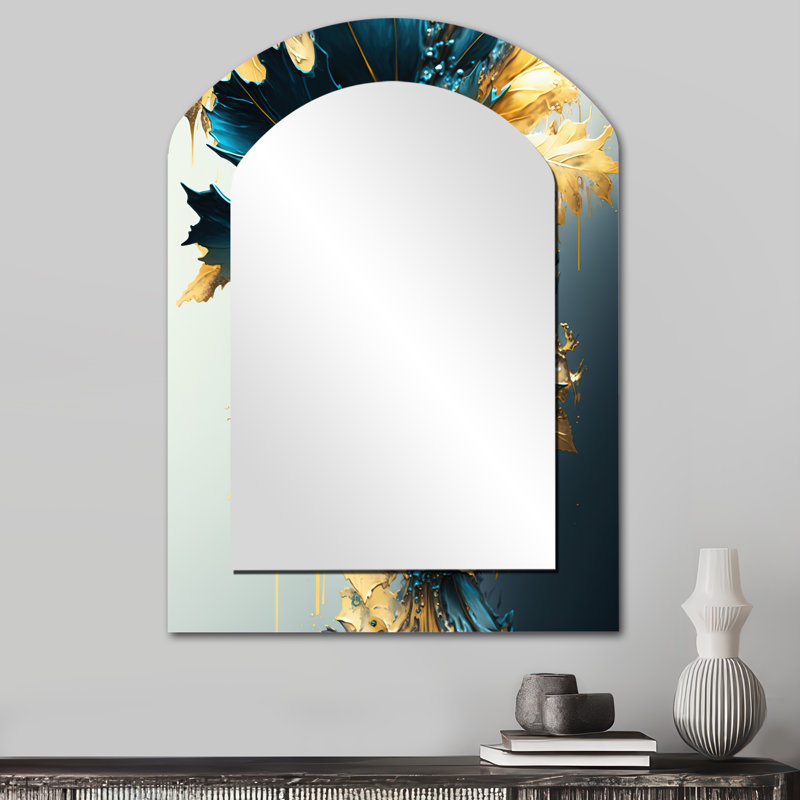 Abstract Blue And Gold Leaves II - Leaves Asymmetrical Decorative Wall Mirror, Blue Arch Large Mirror, Printed Metal Art