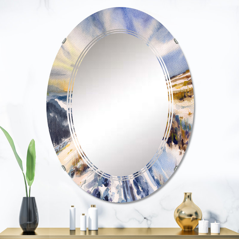 Paysage d'hiver enneigé I - miroir mural campagne ovale, 36 po x 24 po