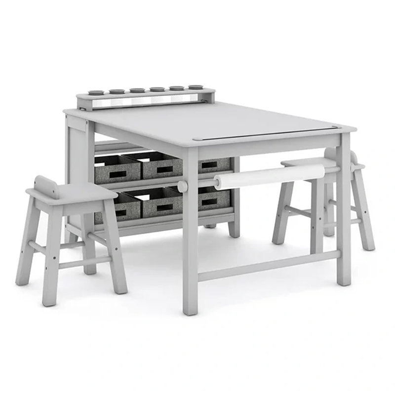 Gray Wooden Kids' Art Table and Stool Set with Storage