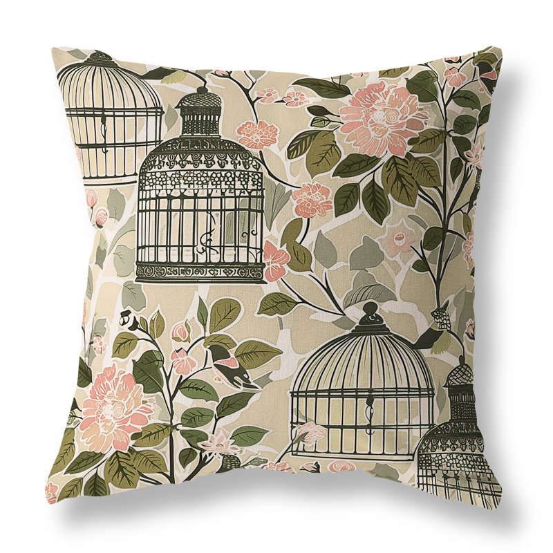 Blossoming Birdhouse Indoor/Outdoor Square Throw Pillow, 16"H x 16"W, Green/Pink/Black