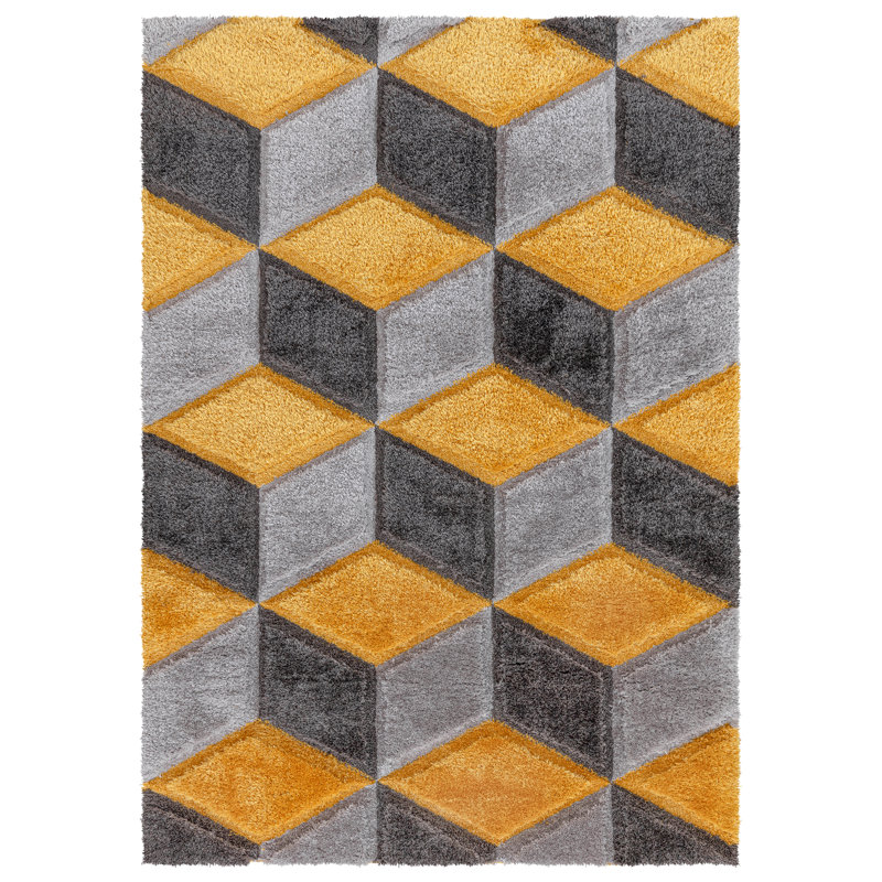 Shaggy Rug Ochre Large Living Room Carpet & Extra Long Hallway Runner Modern Geometric Non Slip Bedroom Area Rug