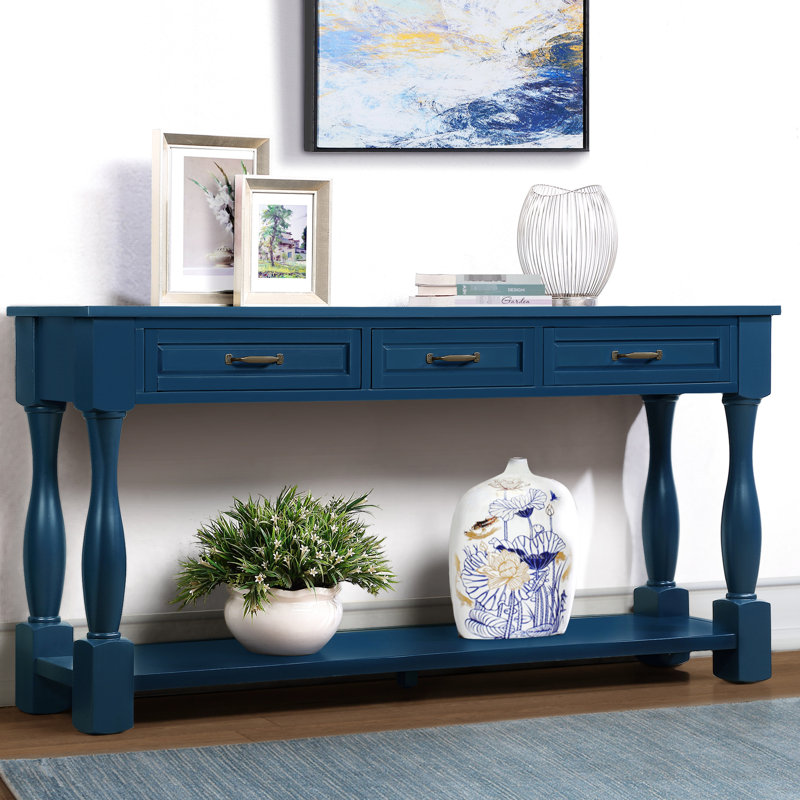 Console 63 pouces avec tablette. Bleu marine, bois massif, construction stable, processus d'assemblage sans effort de 63 po à 3 tiroirs et 1 structure en bois, robuste et fonctionnel, installation facile