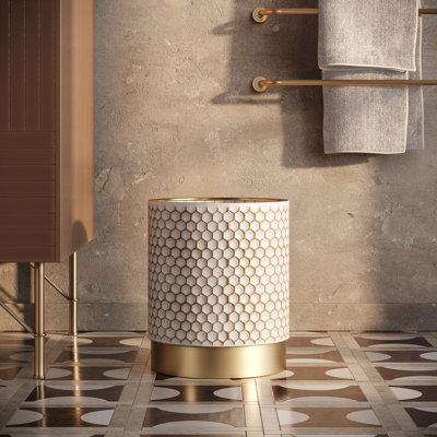 Honeycomb Mid Century Modern Indoor Metal Waste Basket With Metal Base