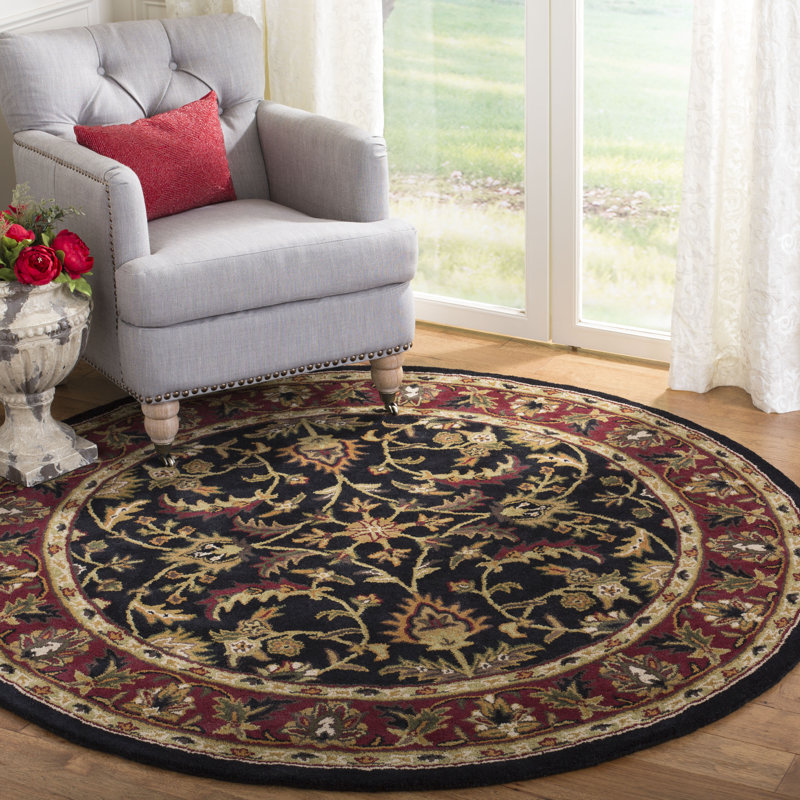 Tapis oriental en laine noir, rouge, vert et or fabriqué et touffeté à la main Cranmore, Rond 8 pi