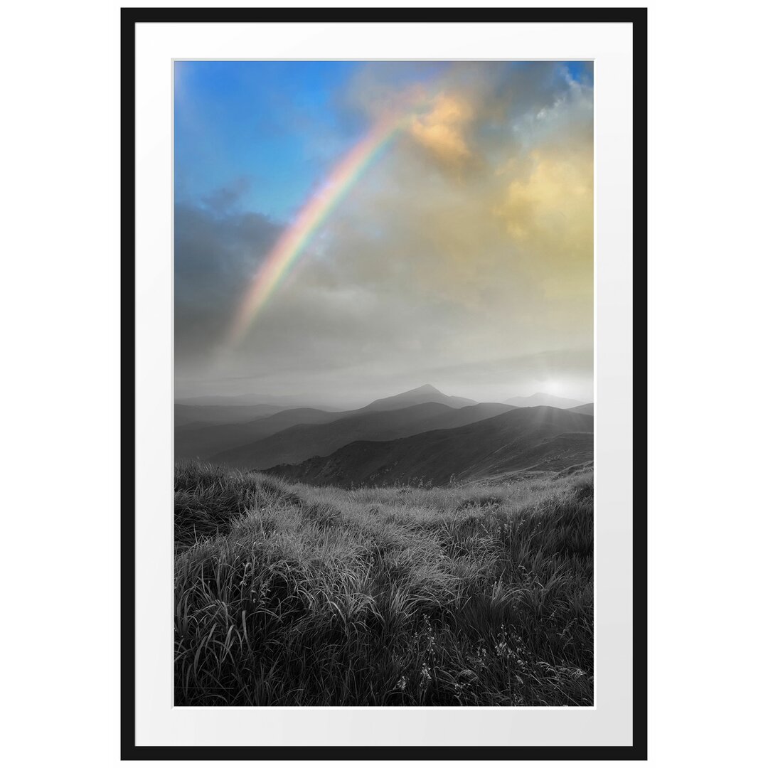 Gerahmtes Poster Berge mit Regenbogen am Himmel