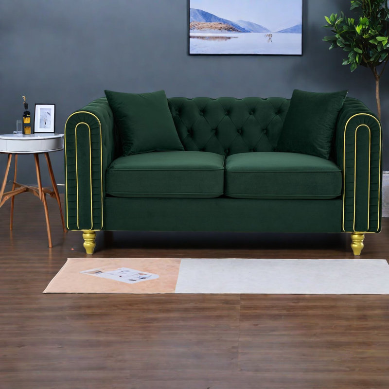 Causeuse en velours vert moderne de 63 pouces avec canapé Chesterfield Modern