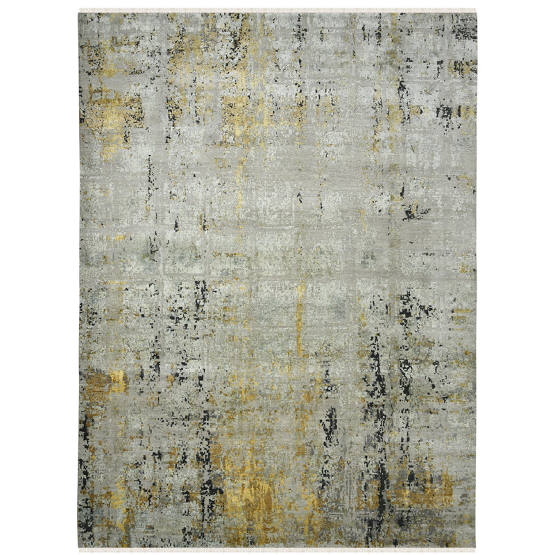 Tapis gris en laine noué à la main Annastaziah, Rectangle 9 pi x 12 pi