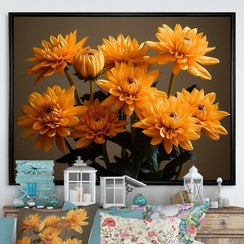 «Chrysanthemums Sunrise Field In Morning I», reproduction sur toile, H 34 po x l 44 po, Cadre flottant noir